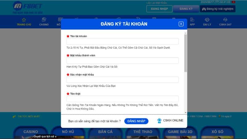 Điền thông tin đăng ký tại F8bet 